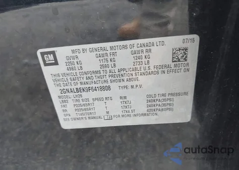 2015 Chevrolet Equinox 1Lt из США, поврежденный, VIN 2GNALBEK9F6418808